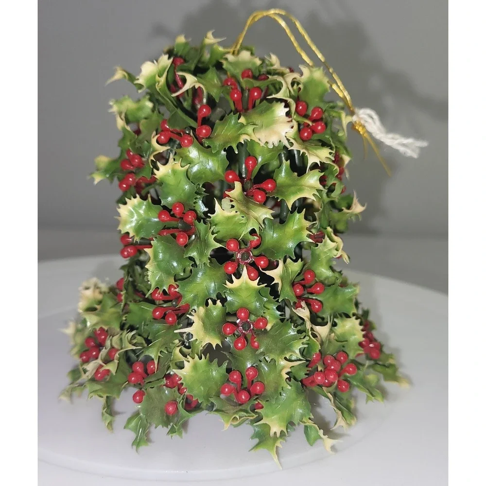 Christmas Bell Plastic Ornament Green Holly Berry Vintage Style